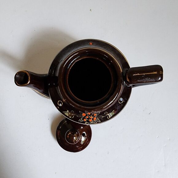 Moriage Redware Brown Betty Teapot w/Lid Hand Painted Gold Trim Japan Vintage - Picture 6 of 9